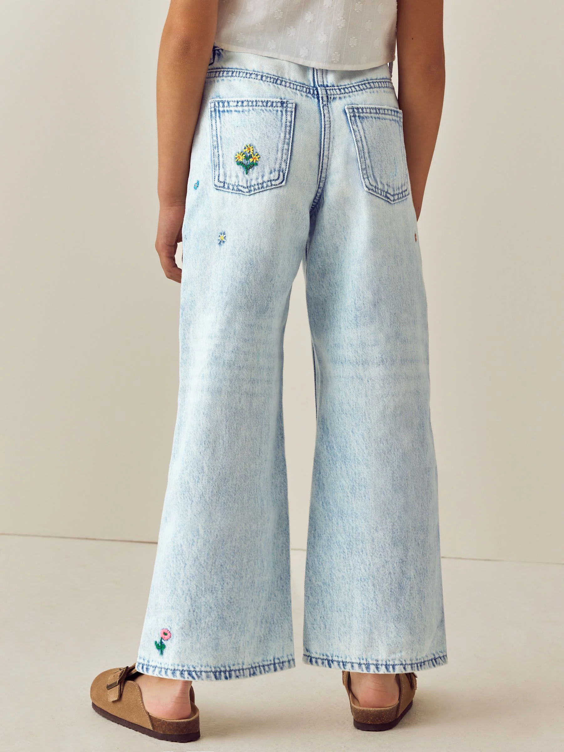 Normaal blauw - Jeans met rechte pijpen en bloemenborduursel (3-16jr)