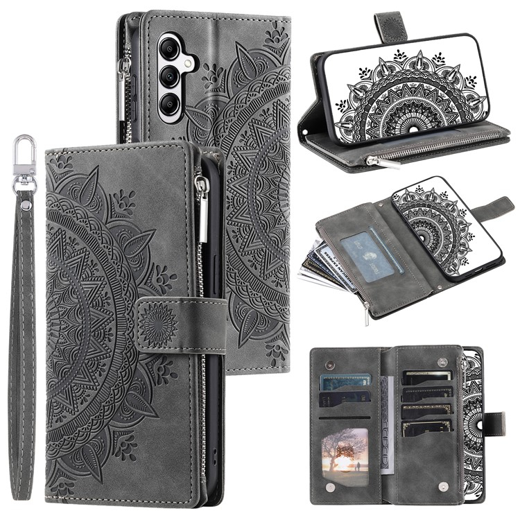 Samsung Galaxy A56 Leder Tasche Flip Cover mit Reissverschluss - Mandala Flowers Imprint - Grau