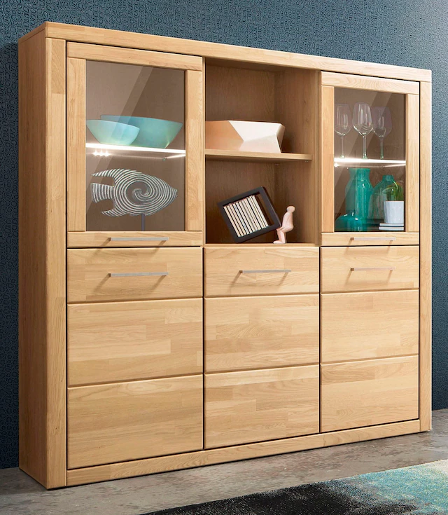 Home affaire Highboard »Trondheim,130cm breit,42 cm tief, Fronten Holzmassiv, Metallgriffe« Korpus aus Holzwerkstoff,4 Türen,12 Fächer, Böden teilweise versetzbar