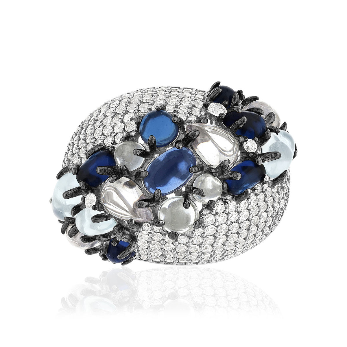Bague argent 925 et ruthénium noir, pierres imitations bleues, zirconias.