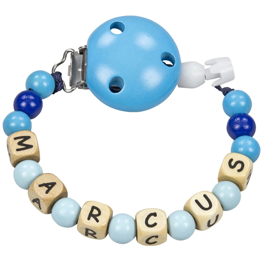 Schnullireich Schnullerkette mit Namen bis 8 Buchstaben (Holz) Blau