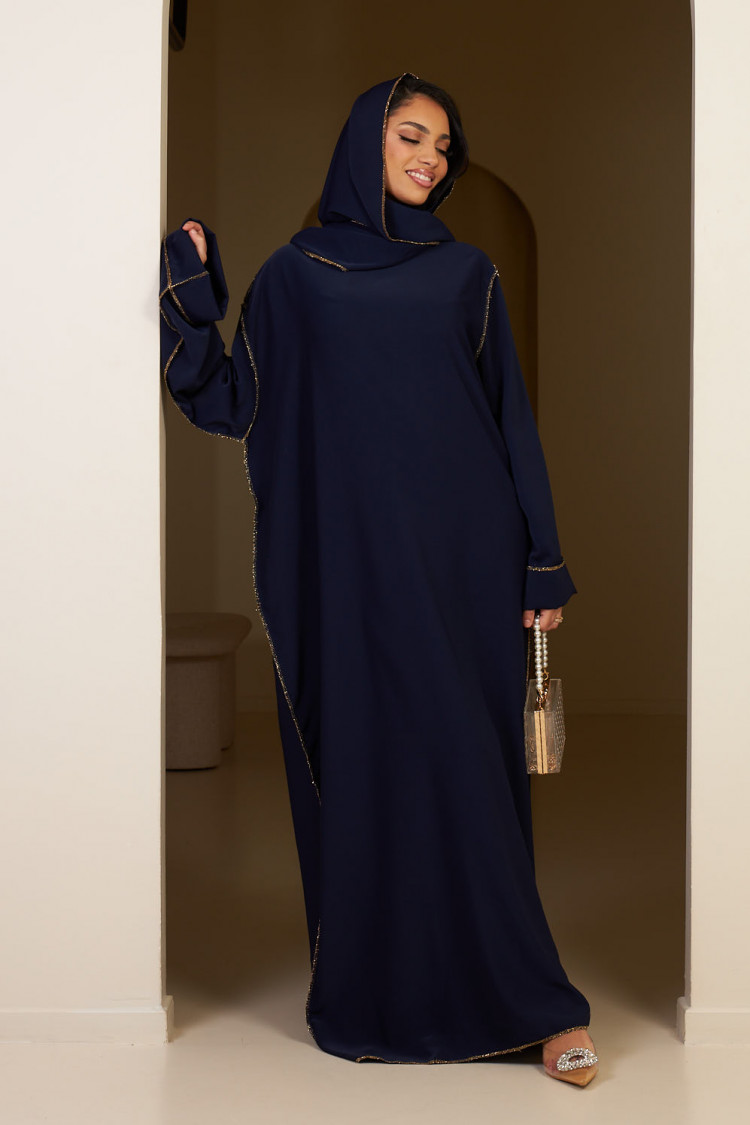 Abaya bleu foncé avec voile intégré à couture dorée