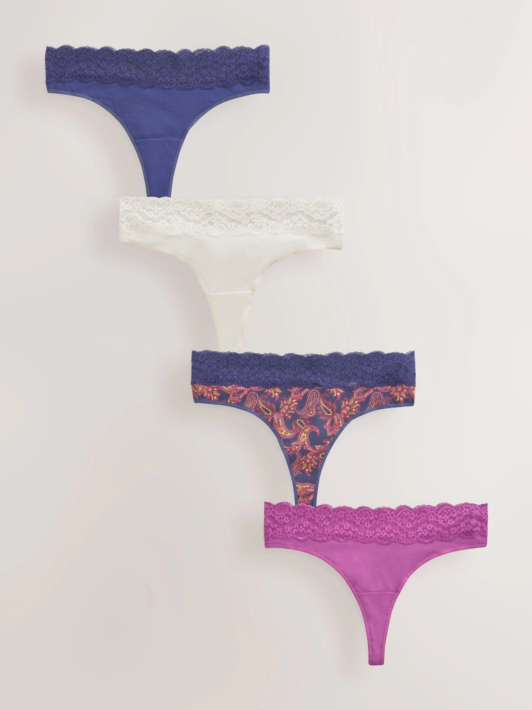 Marineblauw met paisleymotief - Katoenen kanten slipjes 4 stuks
