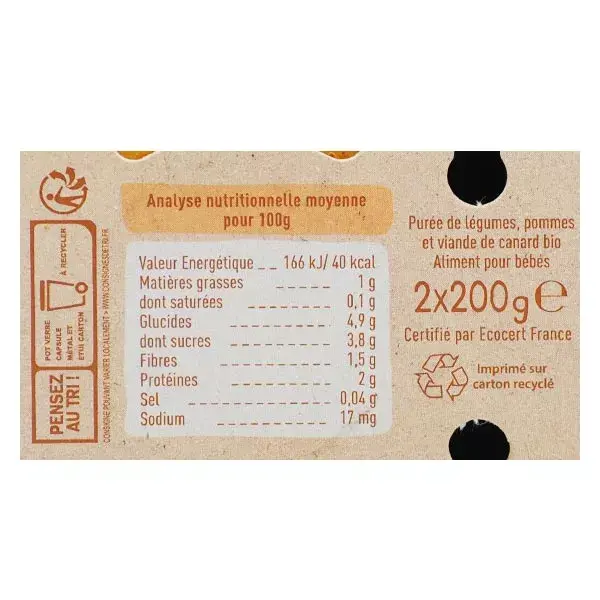 Lancheira Babybio Orgânica de Cenoura, Abóbora, Maçã e Pato +8 meses 2 x 200g