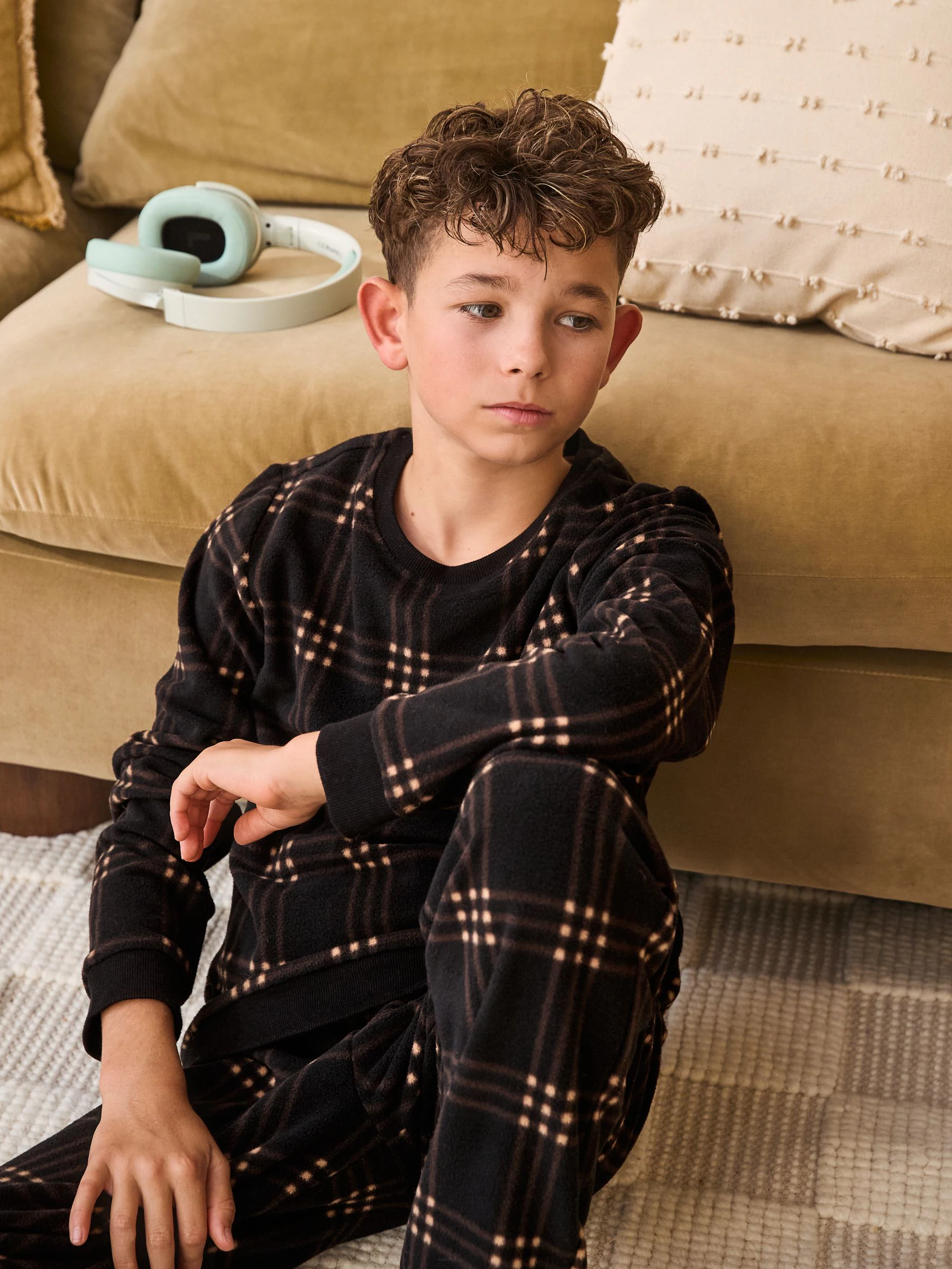 Zwart/ecru geruit - Enkele behaaglijke fleece pyjama (3 - 16 jr)