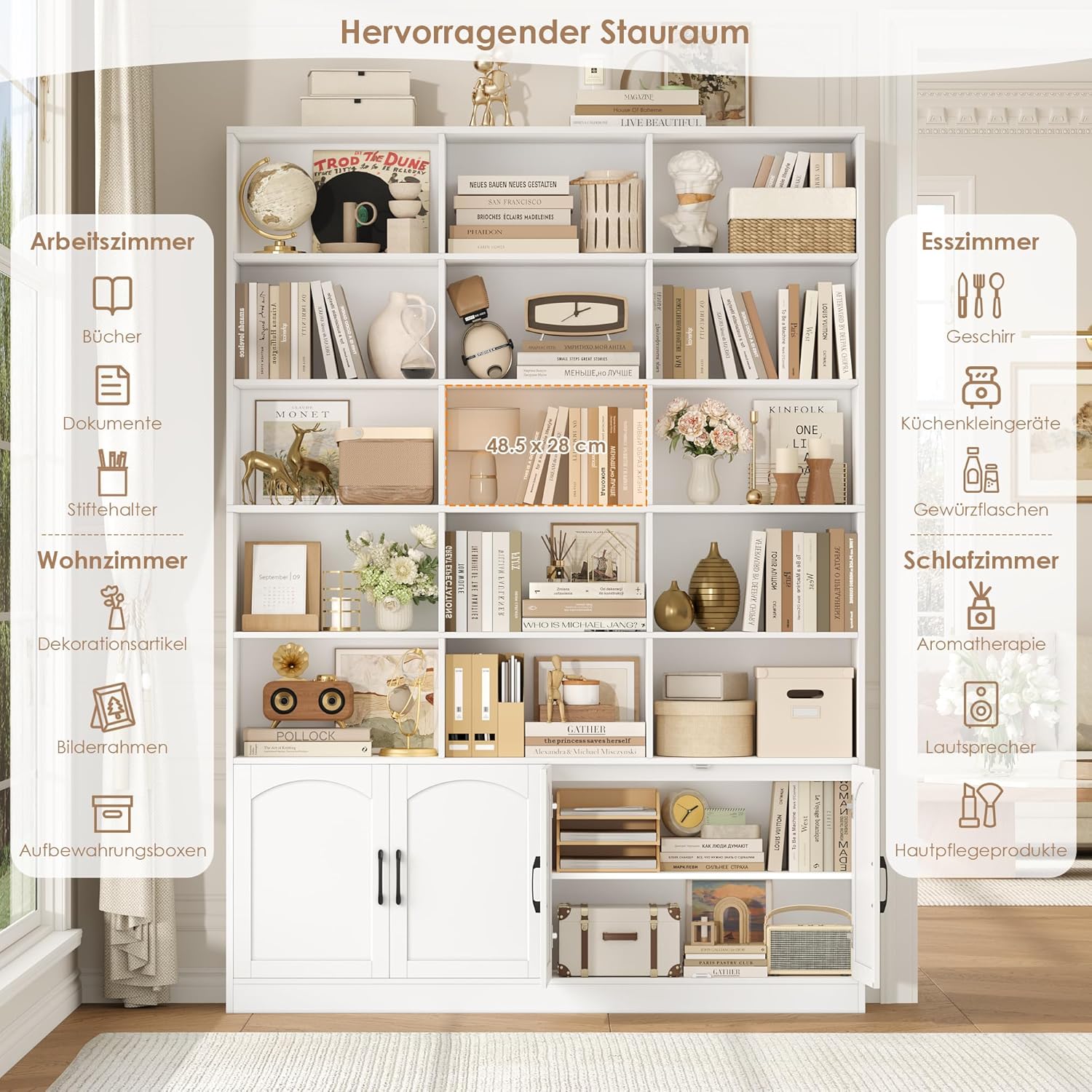 FirFurd 209 cm Bücherregal mit Türen Bücherschrank mit 15 Fächern Vitrinenschrank Hochschrank Holz Mehrzweckschrank groß für Wohnzimmer Arbeitszimmer Küche 150 x 23,7 x 209 cm Weiß