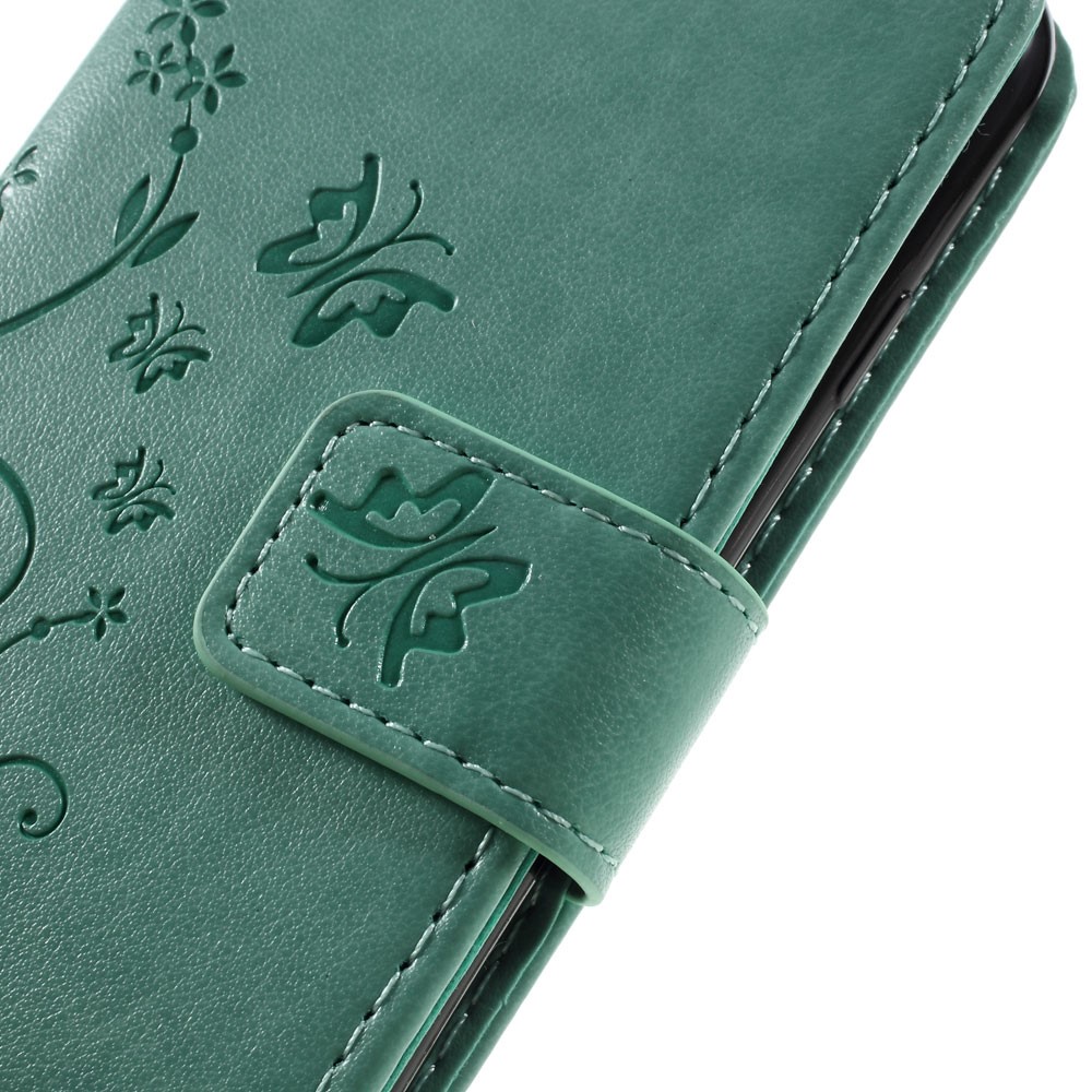 iPhone SE (2022/2020) / 8 / 7 Leder Tasche mit Kartenfach   Handschlaufe Butterfly Flowers - Türkis