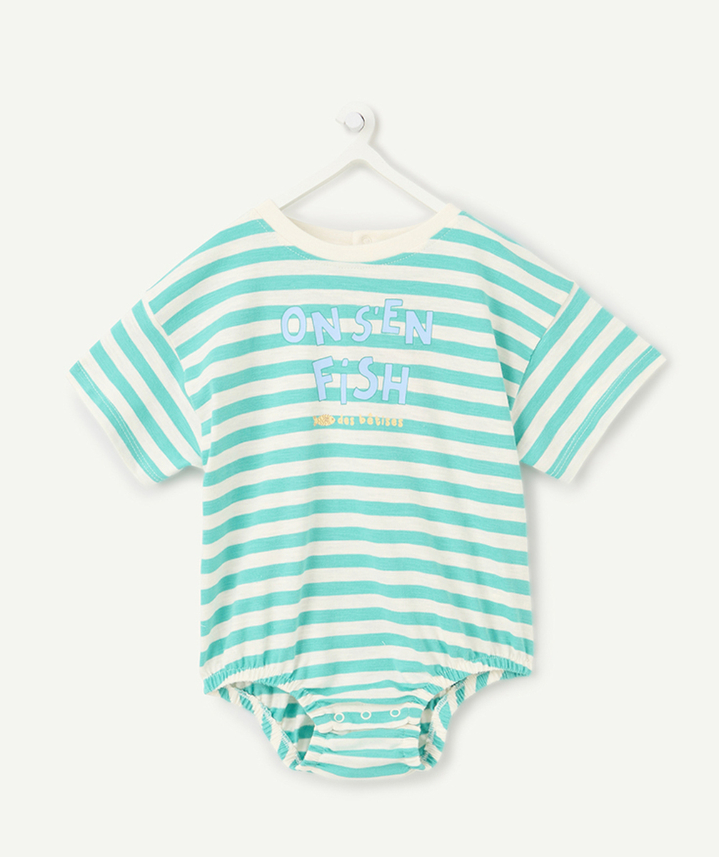 body t-shirt manches courtes bébé garçon en coton bio rayé bleu clair et blanc motif poissons