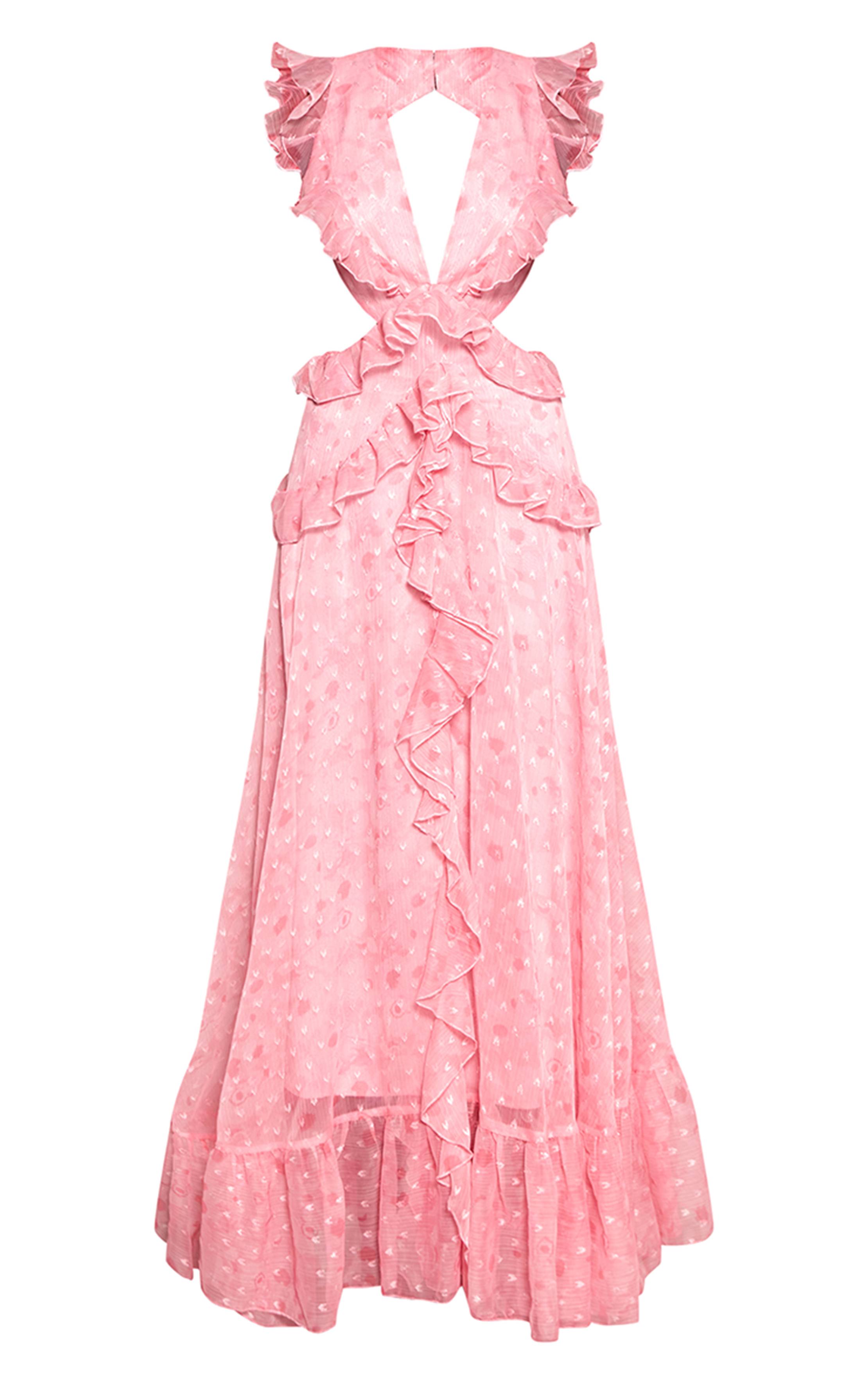 Rose Robe Longue À Volants Et Décolleté Plongeant