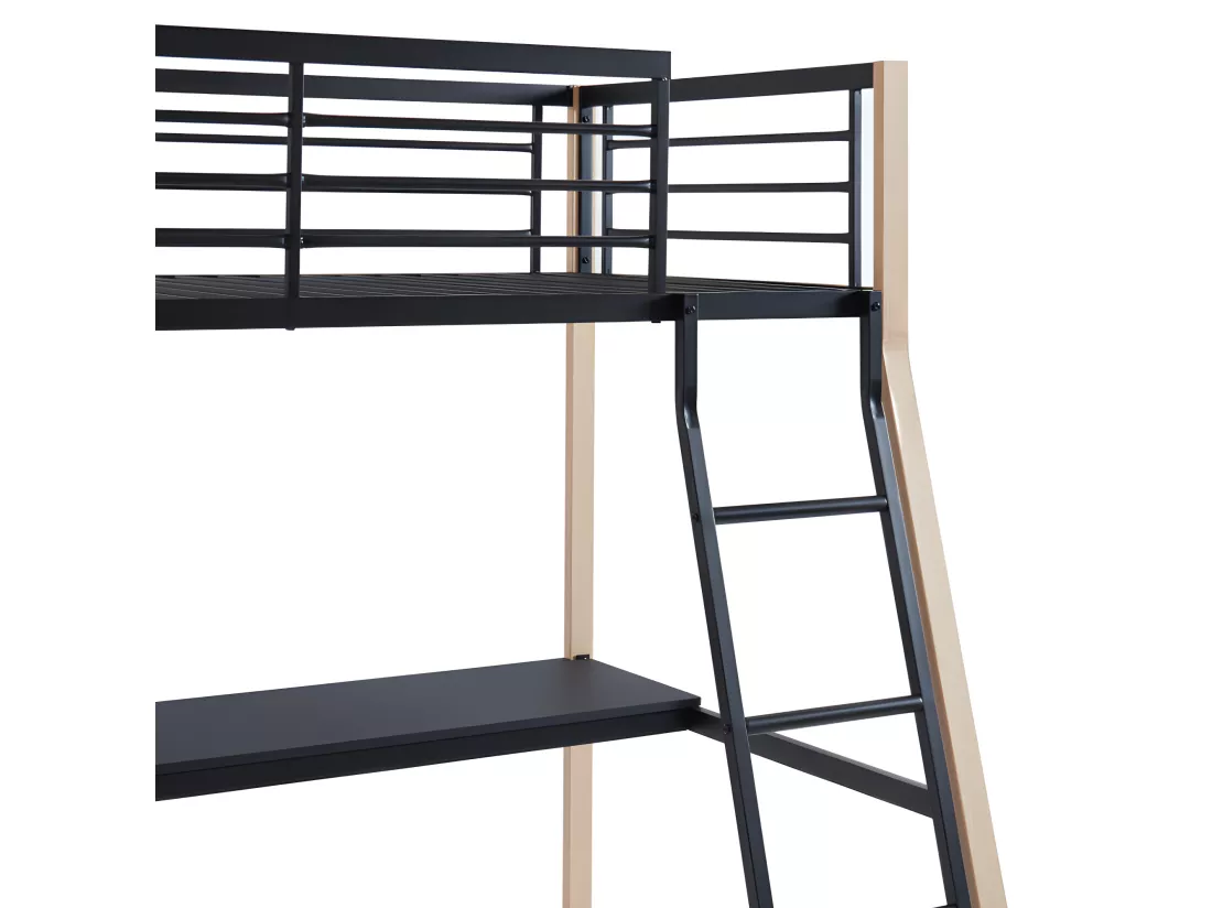Lit mezzanine MALICIA - 90 x 190 cm - bureau intégré - Noir et chêne