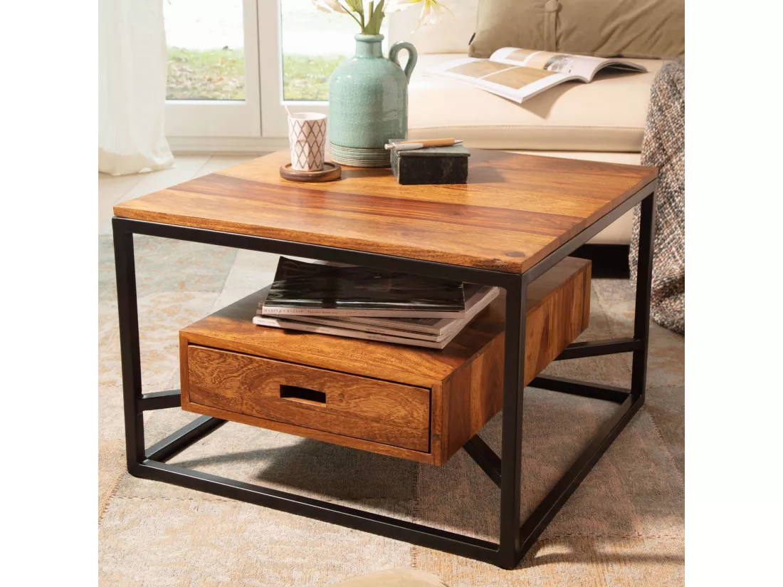 Table Basse De Salon En Bois De Sheesham Bois Massif Solide Et Métal 60X60X40 Cm Carré