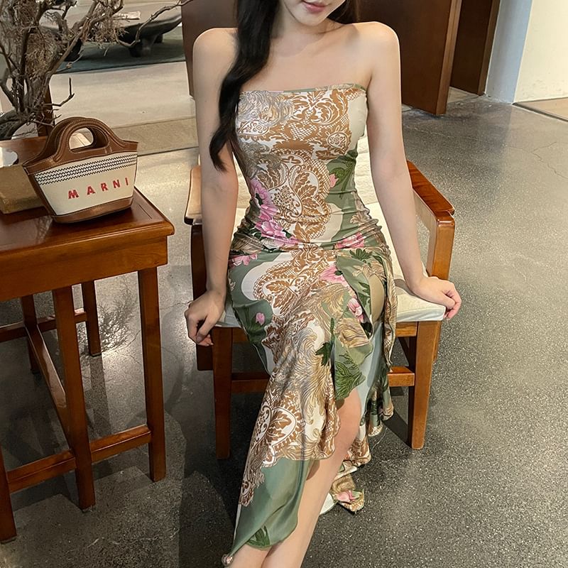 Alizio - Mouwloze bloemenprint, geplooide, split midi-jurk