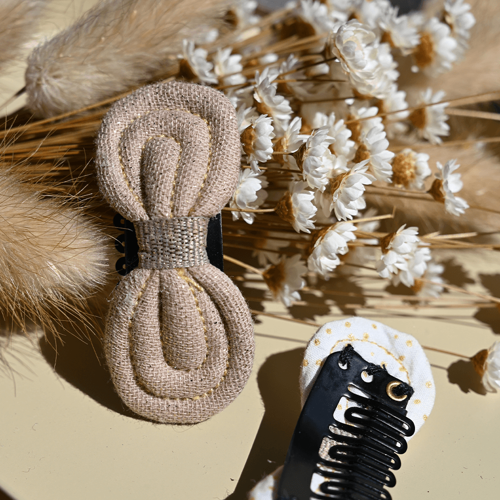 Barrette Noeud Anti-Glisse Gaze Pailletée Camel
