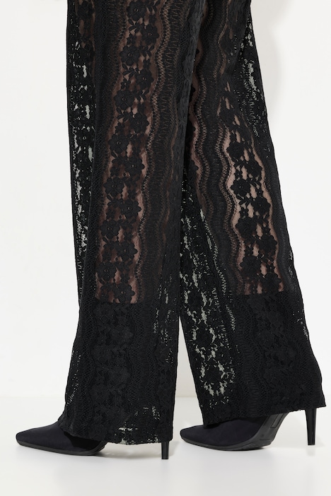 Spitzenhose Rose, weites Bein, Elastikbund, Wellensaum
