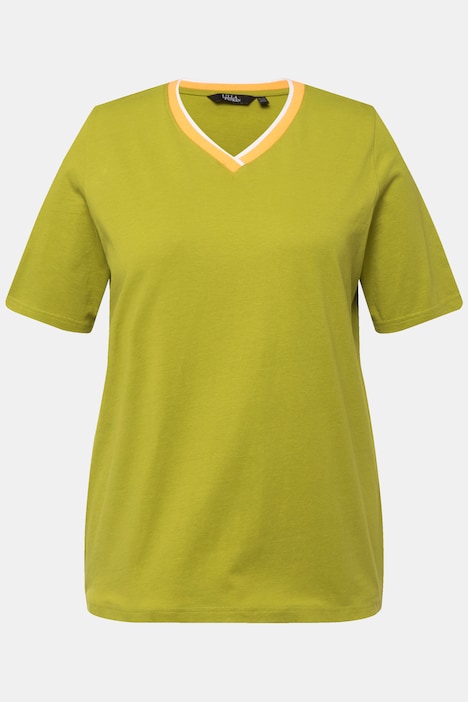 T-Shirt, Streifenbündchen, V-Ausschnitt, Halbarm