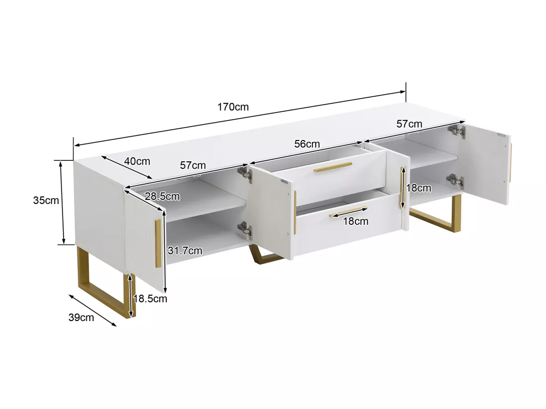 Meuble TV blanc brillant motif gravé avec poignées et pieds dorées 170*40*53cm YAURNUD WHITE