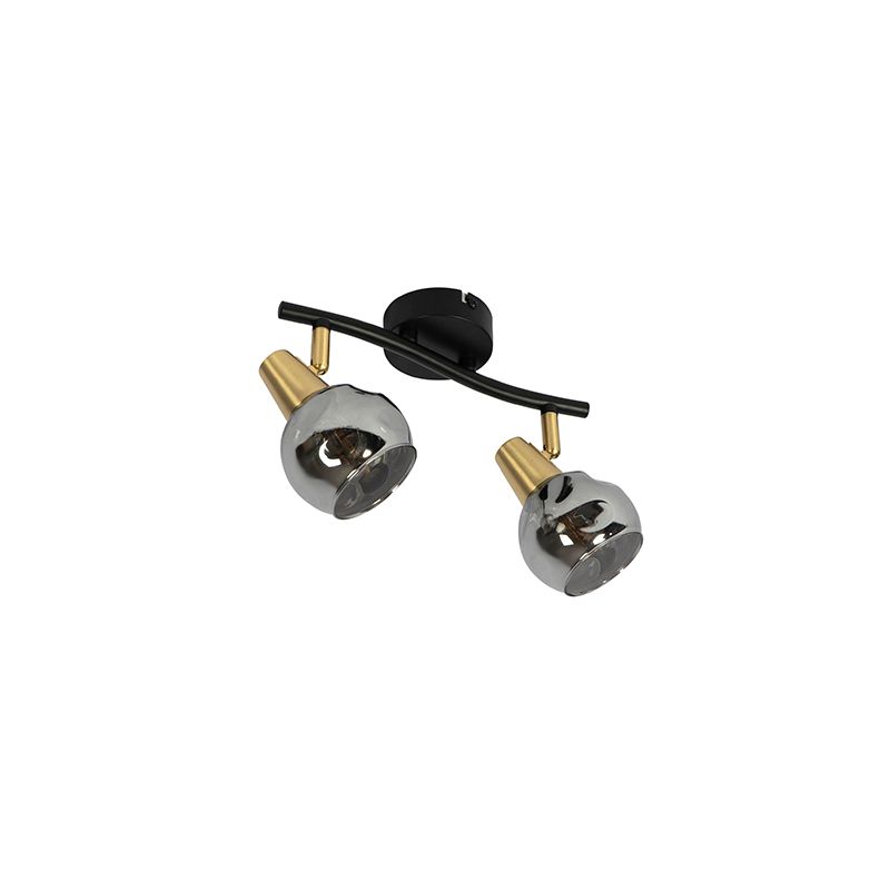 Plafondlamp zwart met messing en glas smoke 2-lichts - Vidro