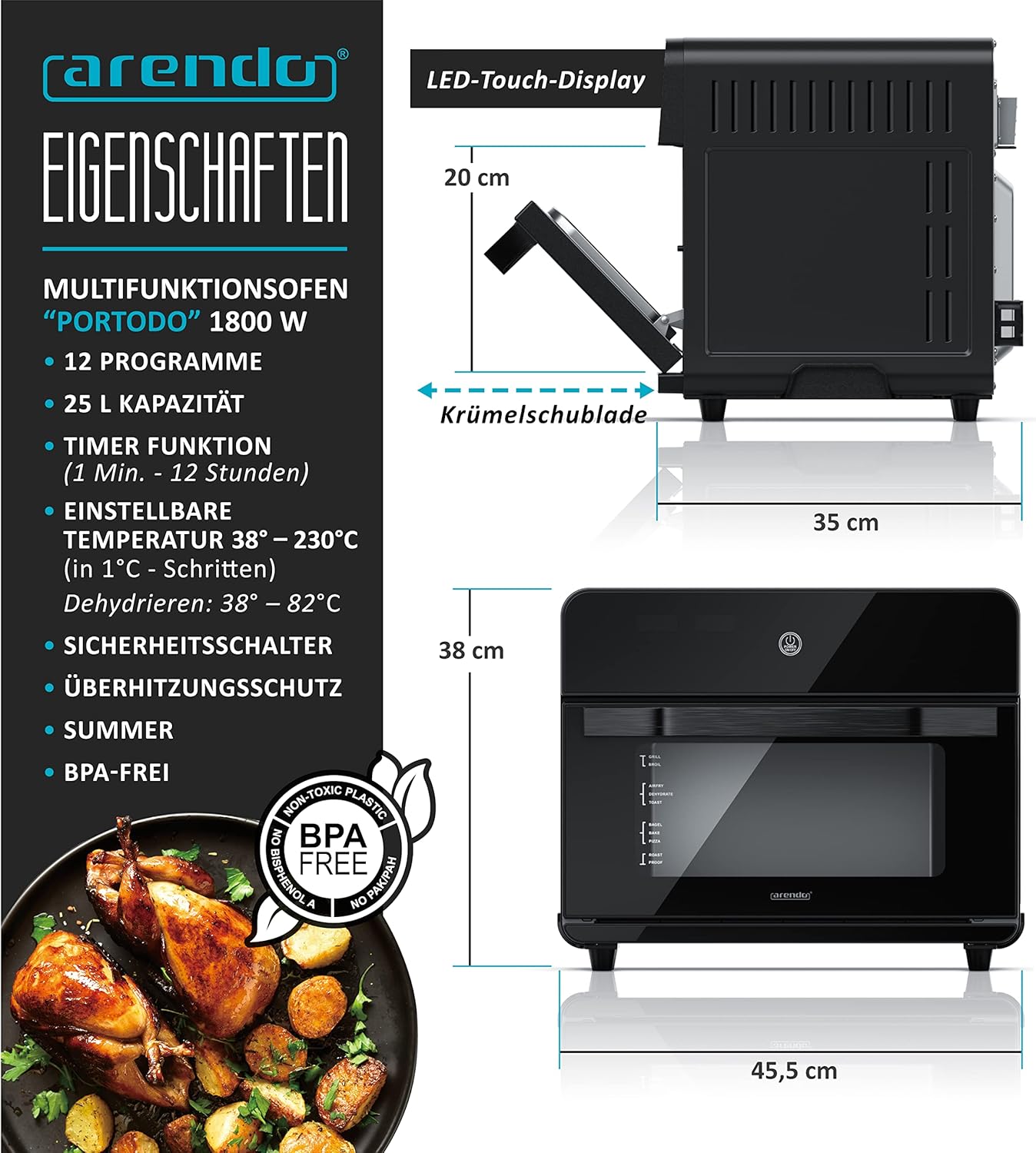 Arendo - Heißluftfritteuse 25 Liter Edelstahl - Multifunktionsofen - mini Backofen - Aerofryer - 1800 Watt - Inkl. Backblech, Dörrblech, Ofenrost, Frittierkorb - BPA-frei