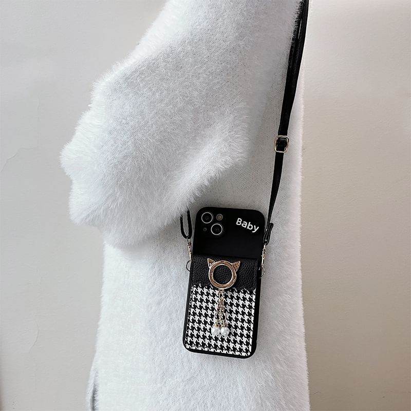 likamika - Pied-de-poule lanyard telefoonhoesje met kaarthouder - iPhone 16 Pro Max / 16 Pro / 16 Plus / 16 / 15 Pro Max / 15 Pro / 15 Plus / 15 / 14 Pro Max / 14 Pro / 14 Plus / 14 / 13 Pro Max / 13 Pro / 13 / 13 mini / 12 Pro Max / 12 Pro / 12 / 12