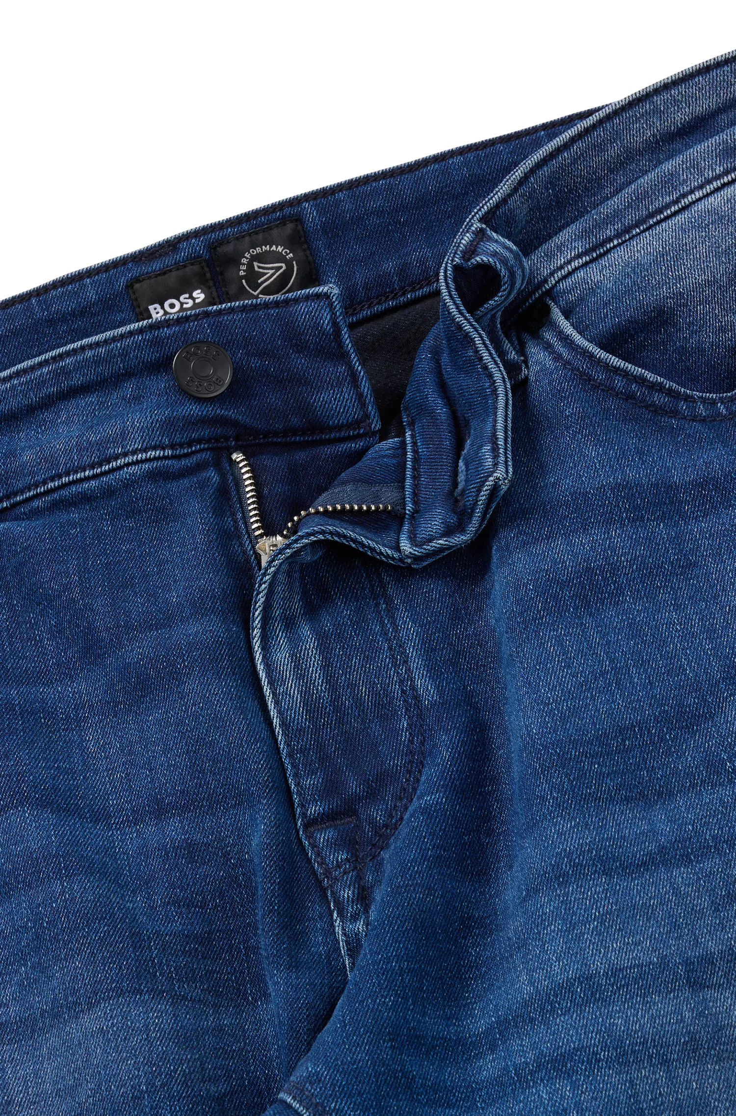 Calça jeans BOSS preta, corte regular, em denim Coolmax® azul.