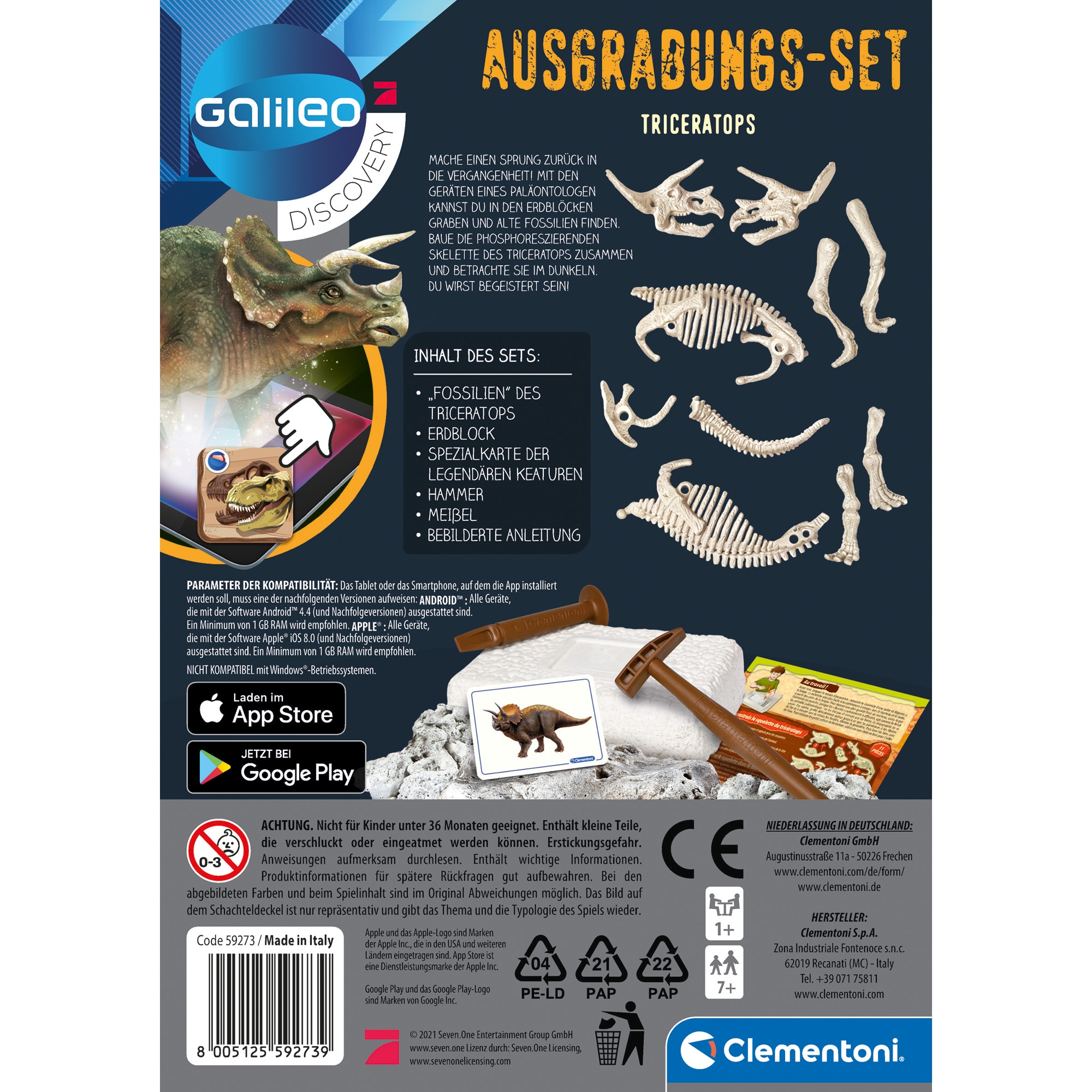 Clementoni Experimentierkasten Galileo Discovery - Ausgrabungs-Set Triceratops