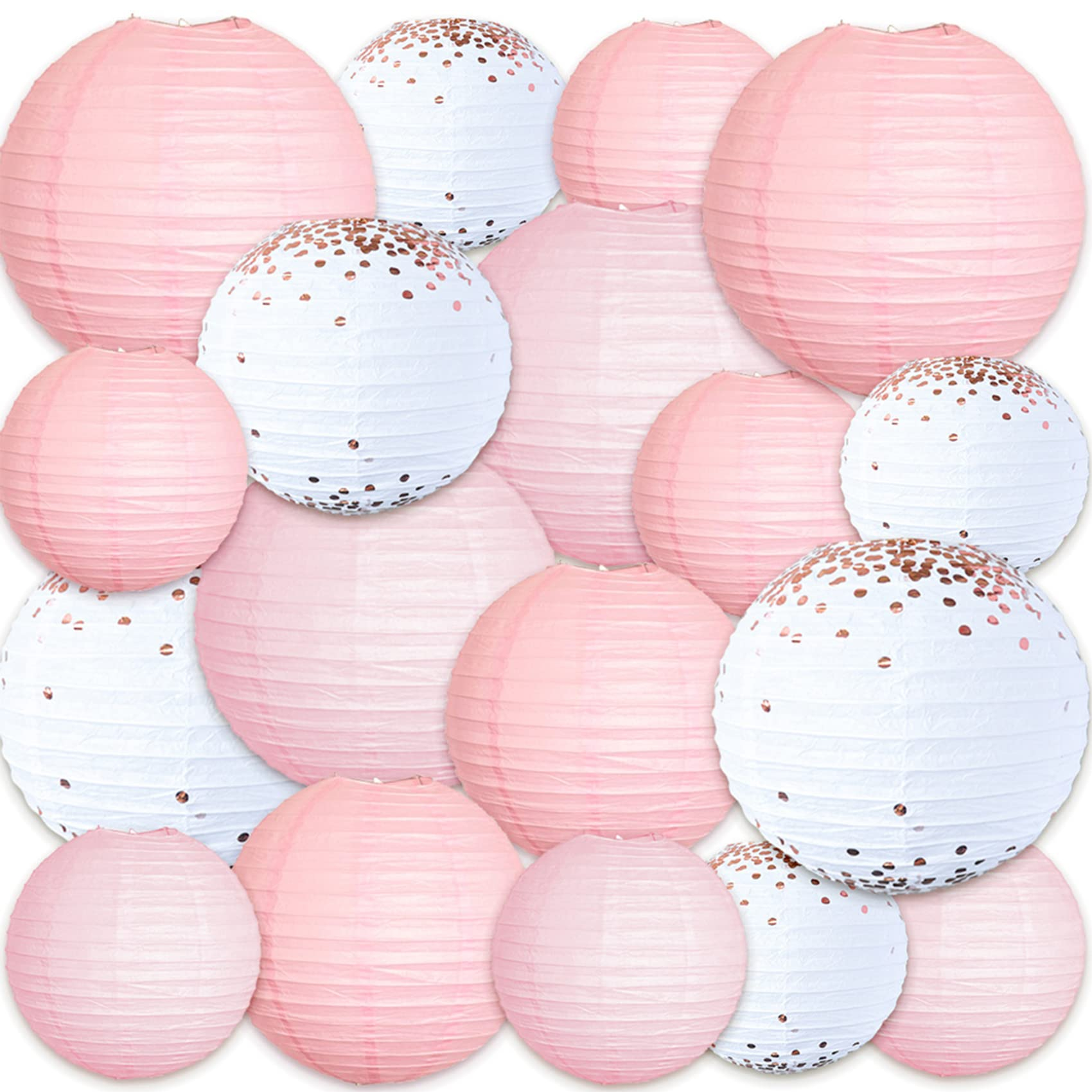 (18er Set) Papier Lampion Party Deko Laterne Geburtstag / Hochzeit - Rosa / Weiss / Roségold