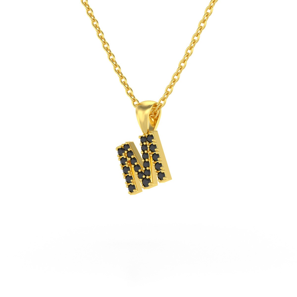 Collier Pendentif ADEN Lettre M Or 750 Jaune Diamant Noir Chaine Or 750 incluse 0.72grs