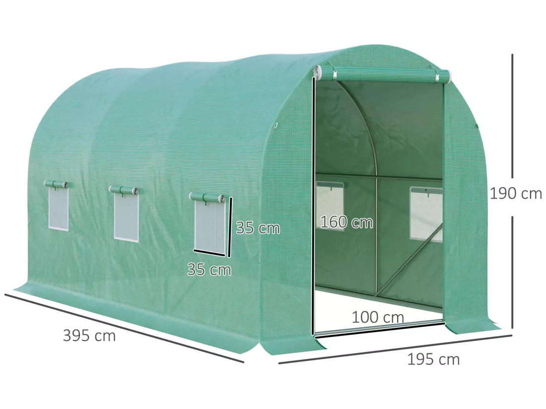 Serre de jardin tunnel 8 m² 4L x 2l x 1,9H m acier galvanisé renforcé diamètre 2,4 cm + PE haute densité fenêtres porte vert