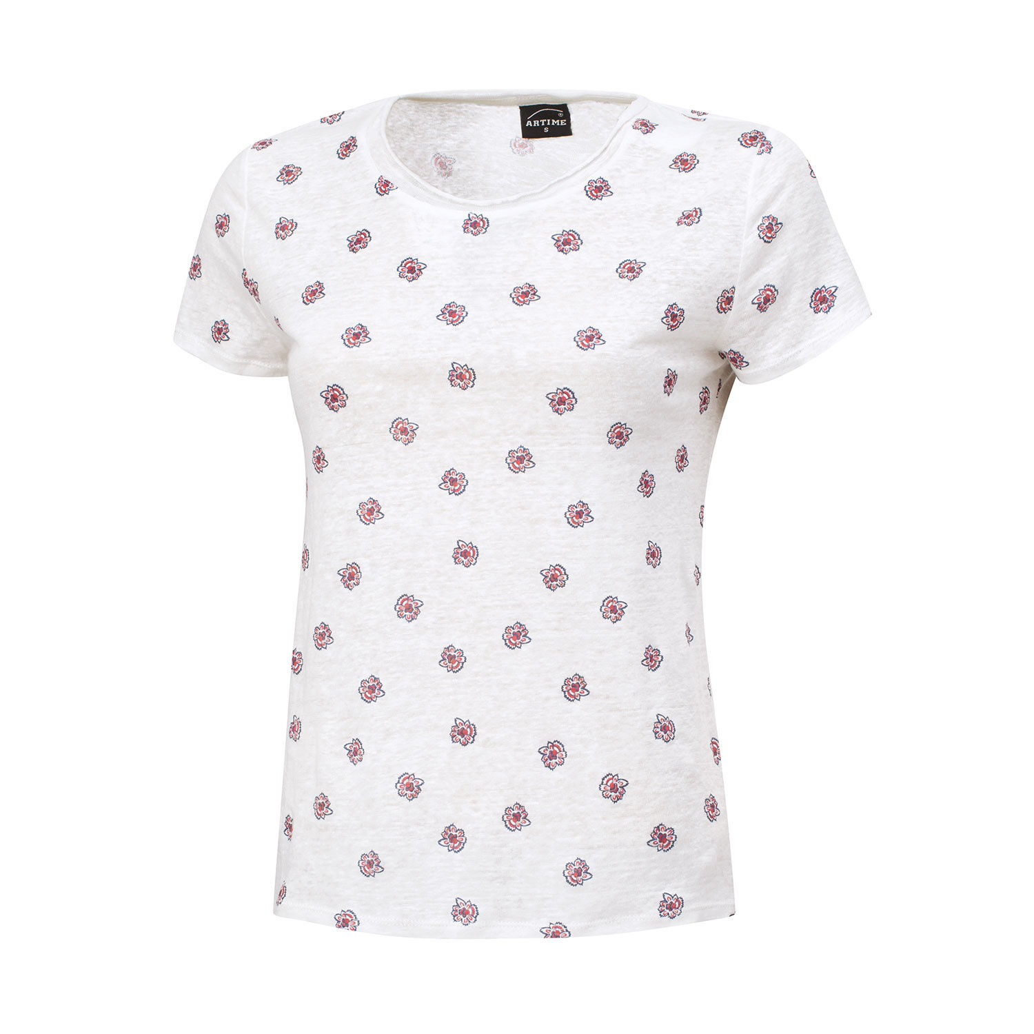 Leinen T-Shirt mit Allover-Print und Rundhalsausschnitt