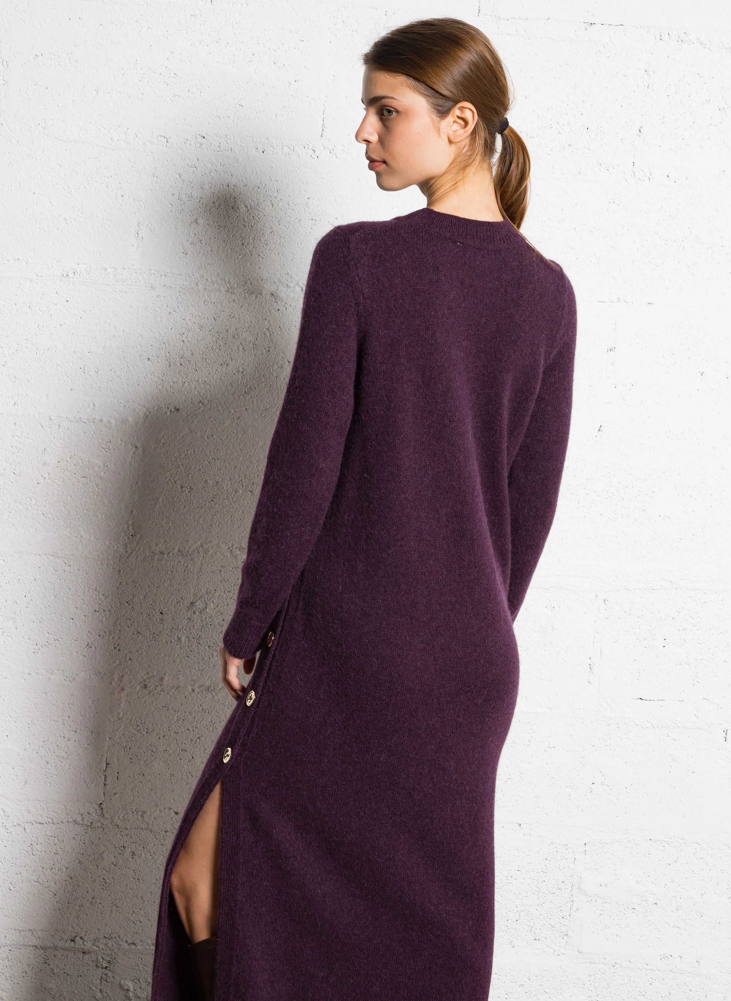 DOREE - Robe longue boutonnée en laine et alpaga | Violet