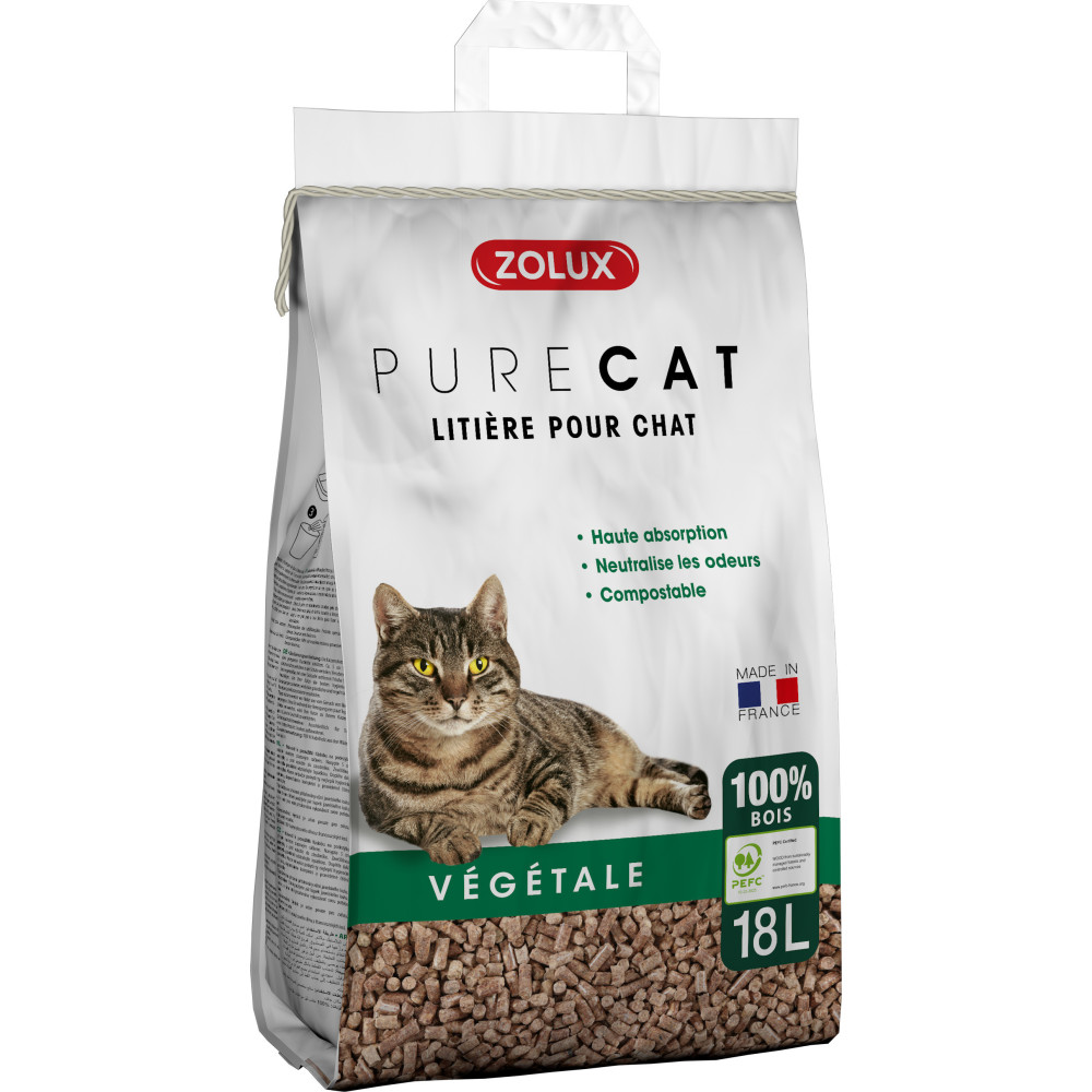Litière végétale granules de bois purecat 18 l soit 12.5 kg pour chat