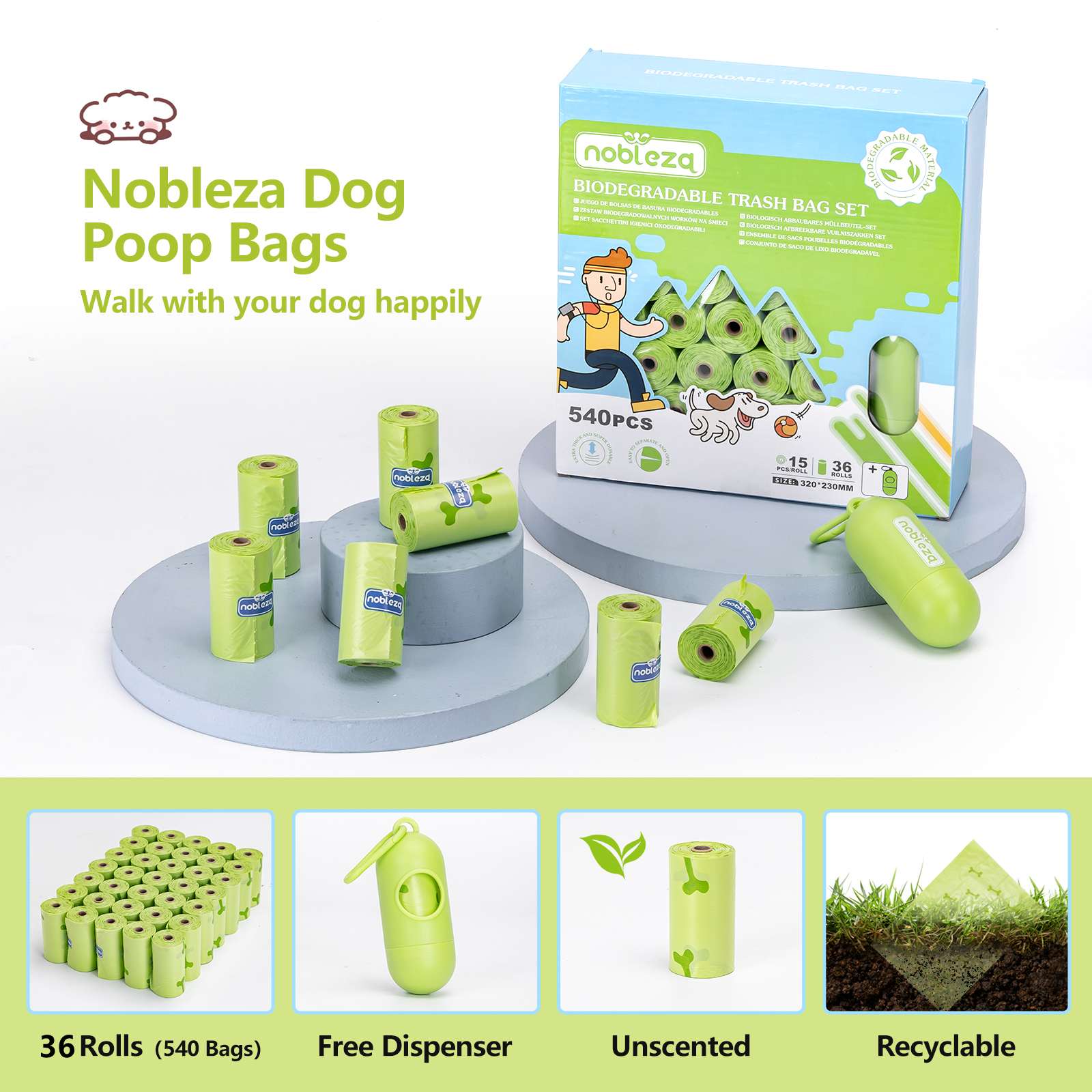 Sacos para Fezes de Cachorro Nobleza, Biodegradáveis, 540 Sacos com Dispensador, Extra Grossos, À Prova de Vazamentos, Sacos para Fezes de Cachorro, 36 Rolos