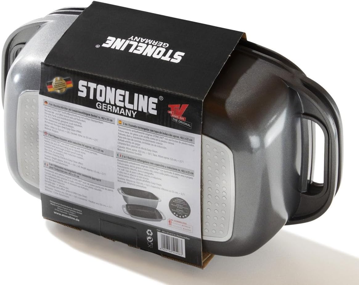 STONELINE Aluguss Bräter mit Deckel 43x26 cm, 8,4 L Bräter Induktion Backofengeeignet Für alle Herdarten, Deckel als Auflaufform verwendbar, Topf Antihaft Beschichtet mit echten Steinpartikeln, Grau