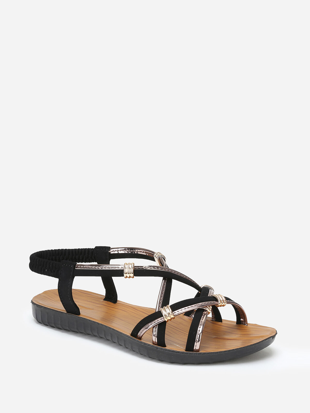 Sandales noires bi-matières à boucles dorées Noir- Noir