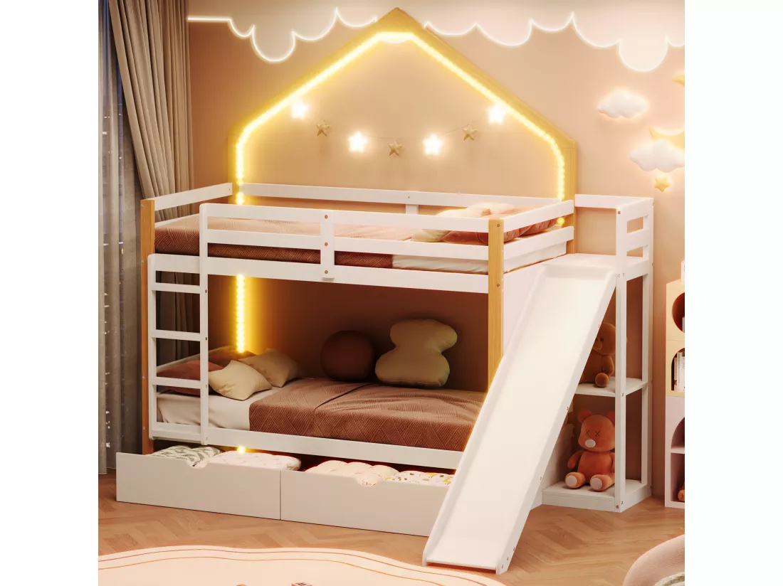 Lit superposé 2 x 90 x 200 cm avec 2 tiroirs, toboggan etétagères de rangement - pin + MDF - blanc+naturel (sans matelas)