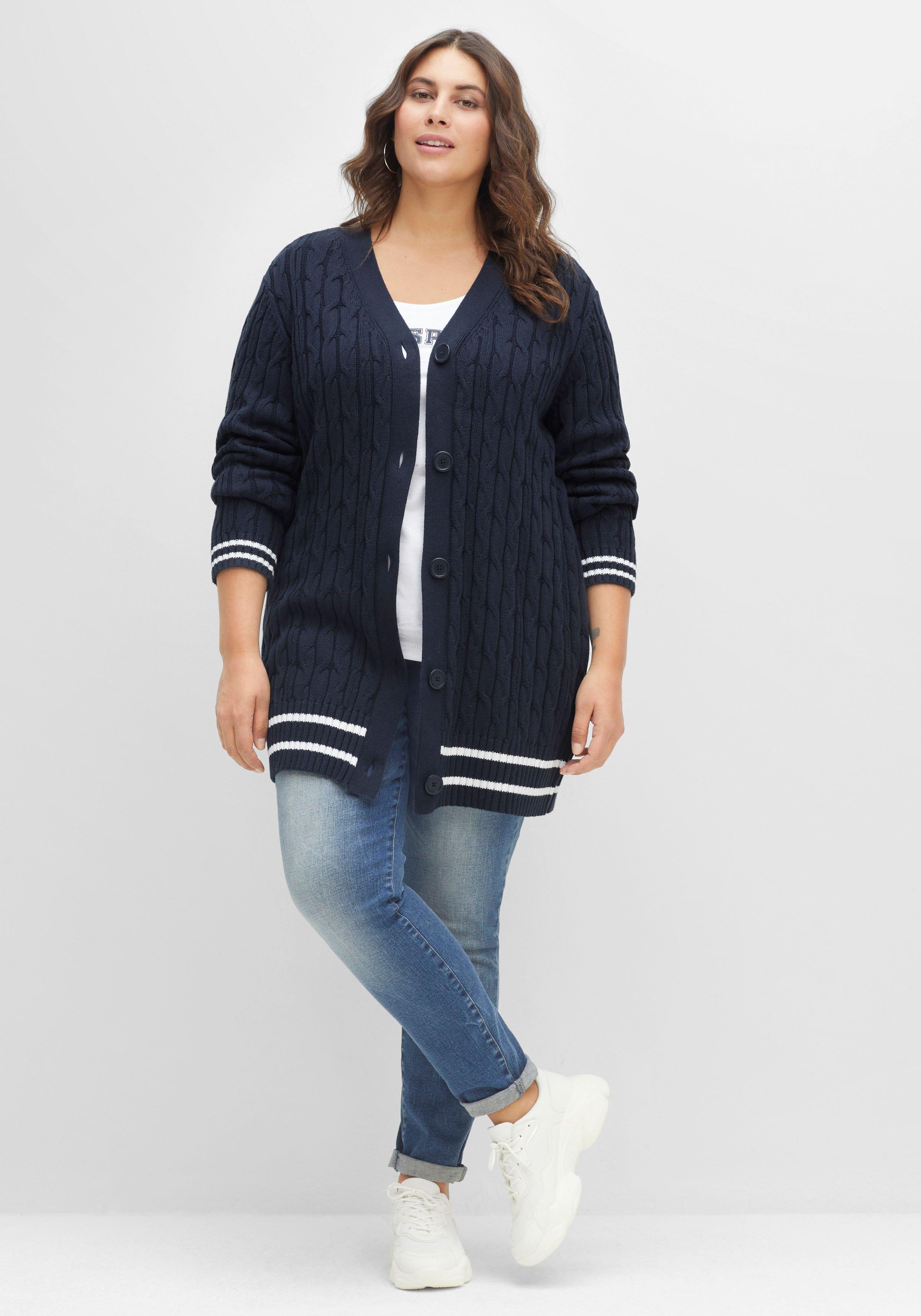 Longstrickjacke im Zopfmuster, mit Streifen-Bündchen
