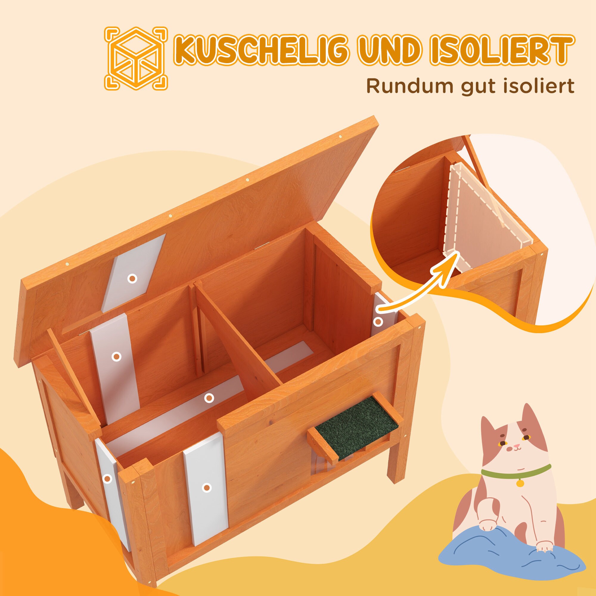PawHut Katzenhütte mit Dach und Katzenklappe orange 85L x 50B x 68,5H cm