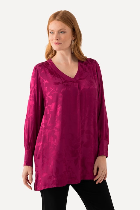 Bluse, florales Jacquardmuster, V-Ausschnitt, Langarm