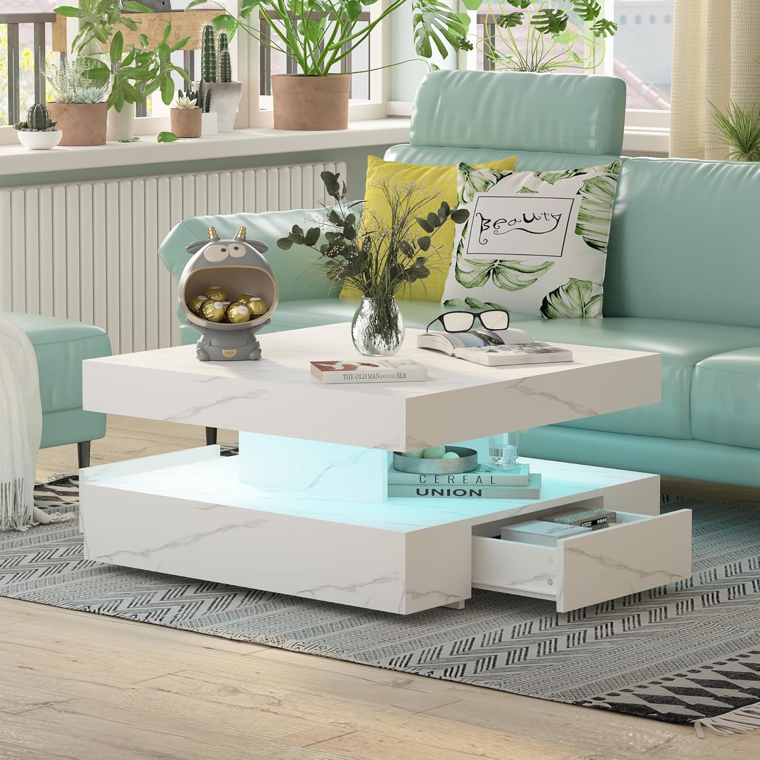 Couchtisch LED, Wohnzimmertisch mit 2 Schubladen für Wohnzimmer 78 x 78 x 40cm (Weiß Marmor)