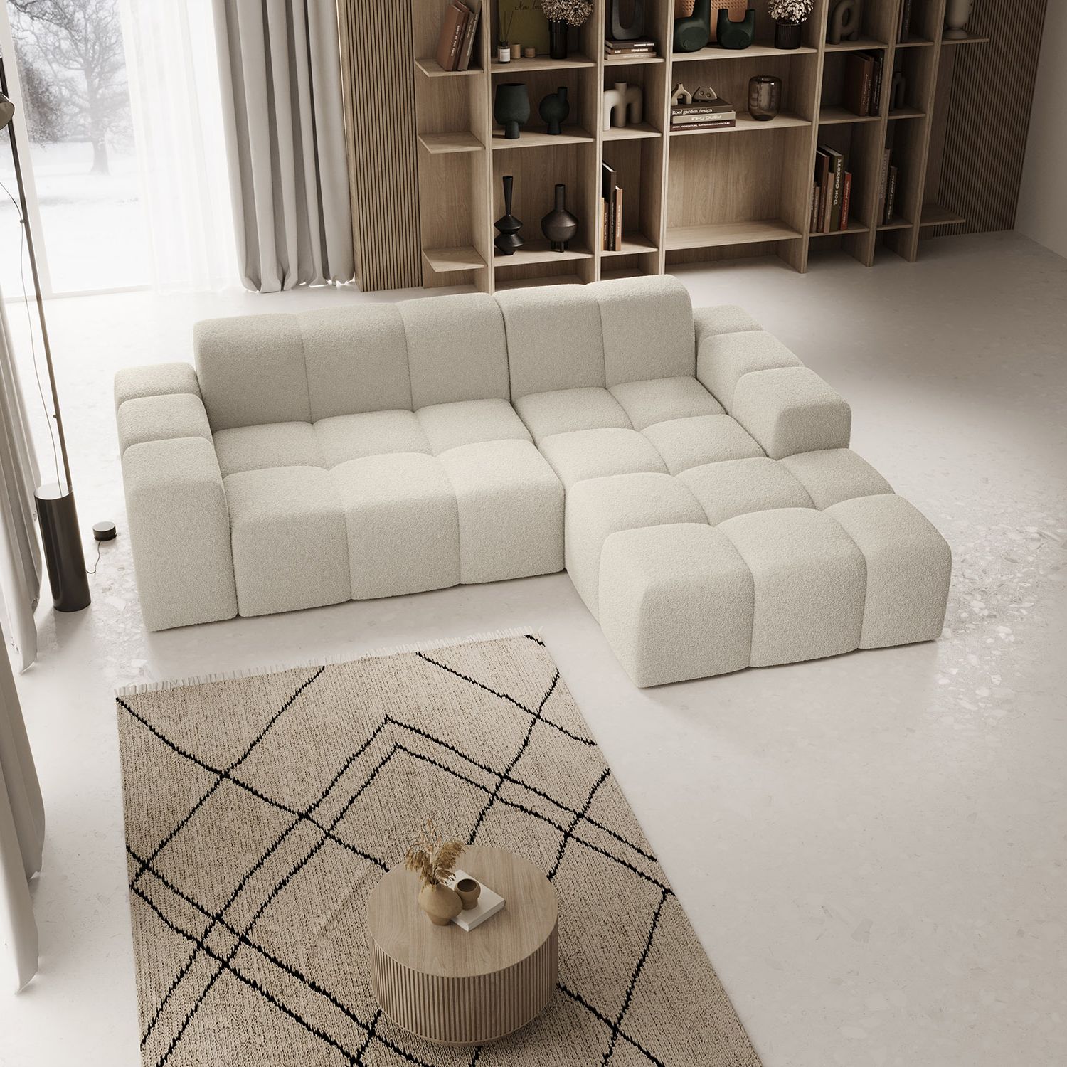 Juskys Sofa Merano Rechts - Ecksofa 3 Sitzer, Couch in L Form mit Ottomane - Boucle-Gewebe in Creme