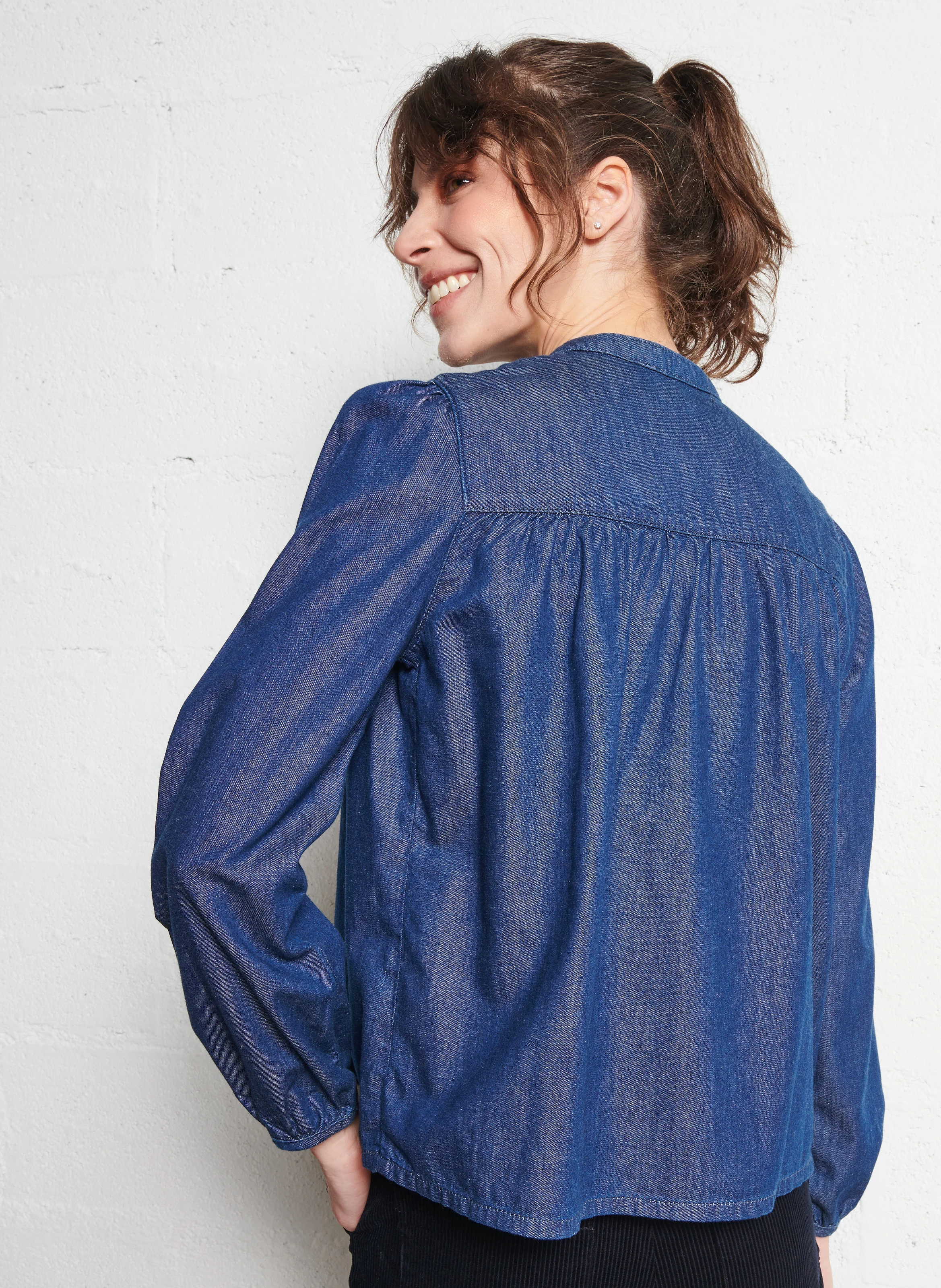 Top ample col mao en coton | Bleu