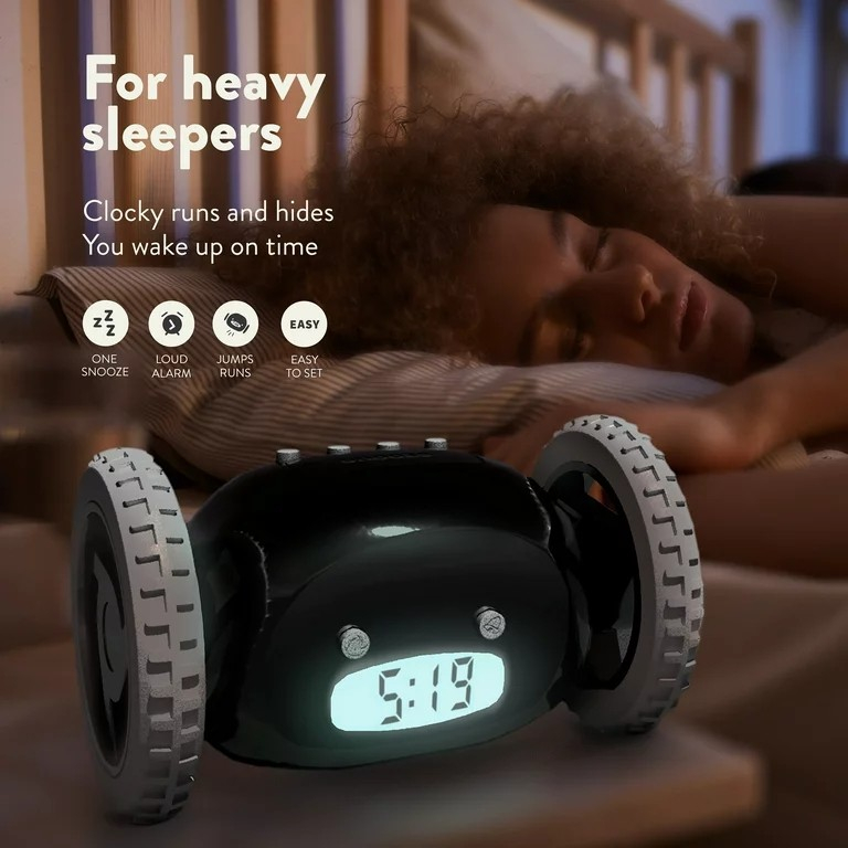 Digitaler Runaway Wecker Rollende Nachttisch Uhr Flüchtender Wecker auf Rädern (Batteriebetrieben) - Schwarz