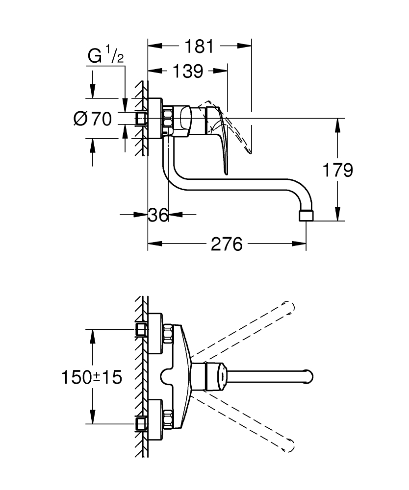Grohe Eurosmart keukenkraan wand met lage uitloop sprong 27,6cm chroom