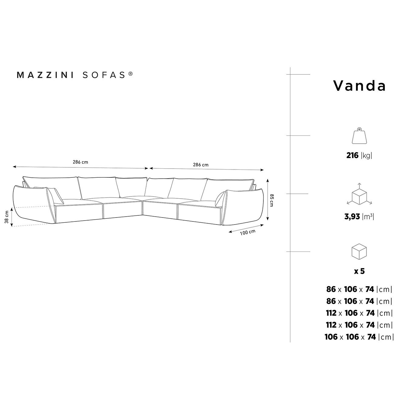 Mazzini Sofas Canapé d'angle Symétrique en Velours Vanda 7 Places noir - 286x286x85 cm
