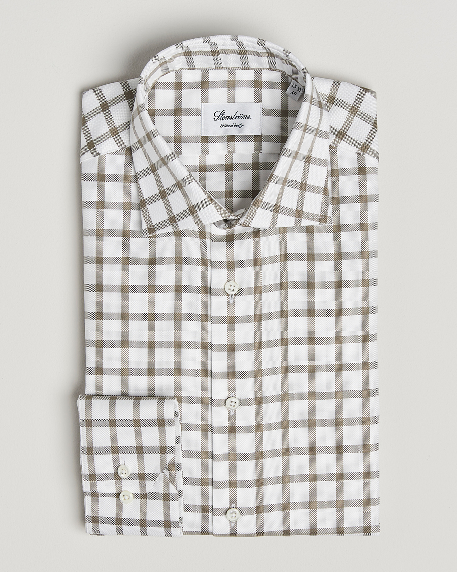 Stenströms Fitted Body Checked Cut Away Shirt Taupe/White