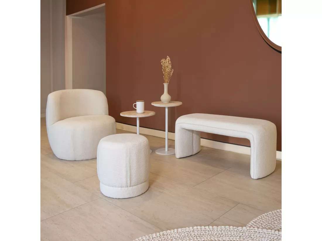 Now's Home - Banc En Tissu Bouclette Ecru Avec Surpiqure 100x41x44cm Malo
