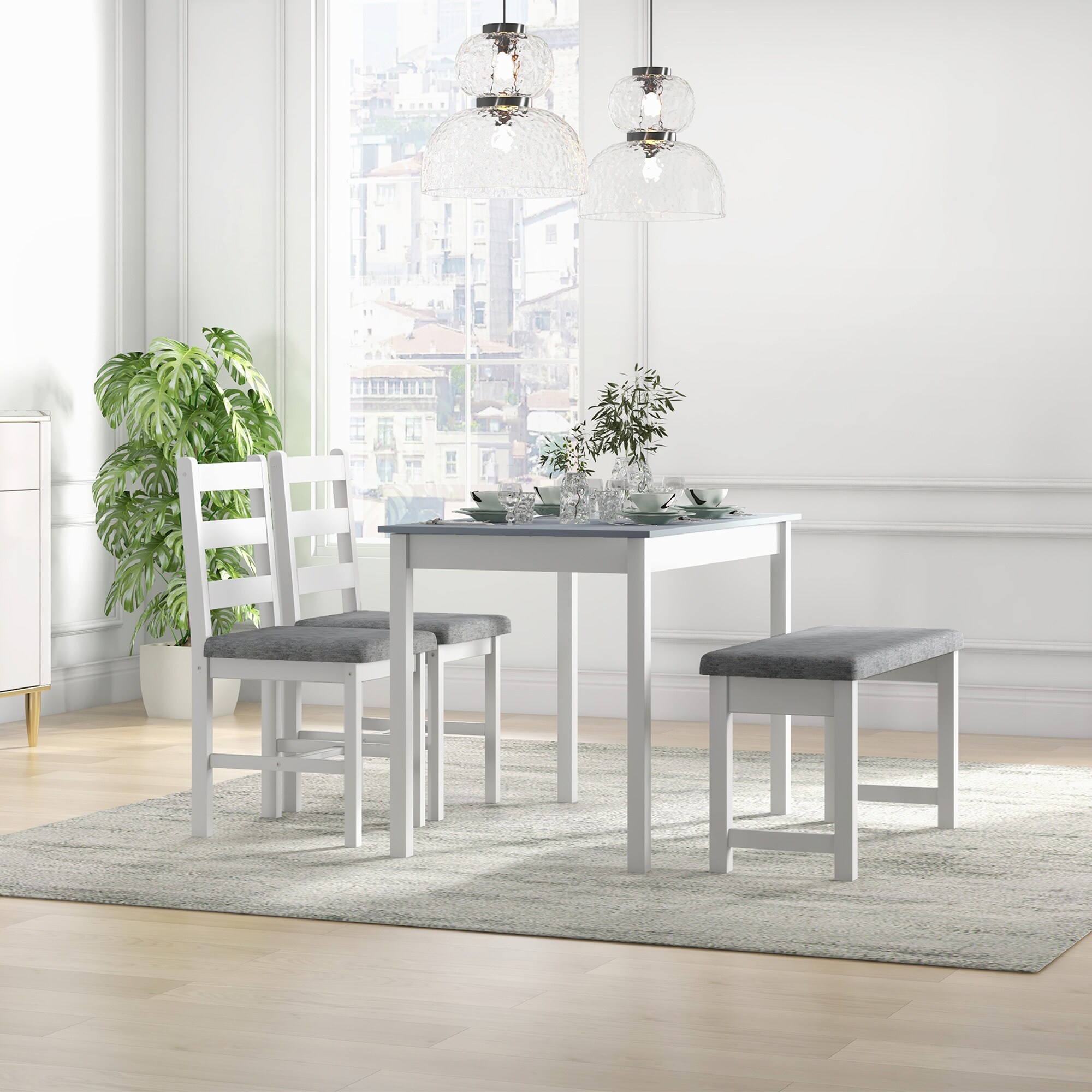 HOMCOM Essgruppe mit 2 gepolsterten Stühlen und einer Bank weiß, grau 108L x 65B x 75H cm
