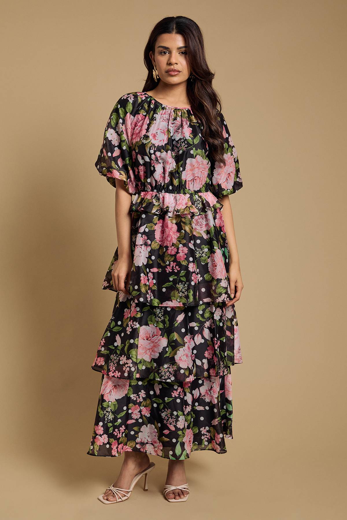 Oasis Petite Robe Midi À Corsage Froncé Manches Bouffantes Et Jupe À Volants