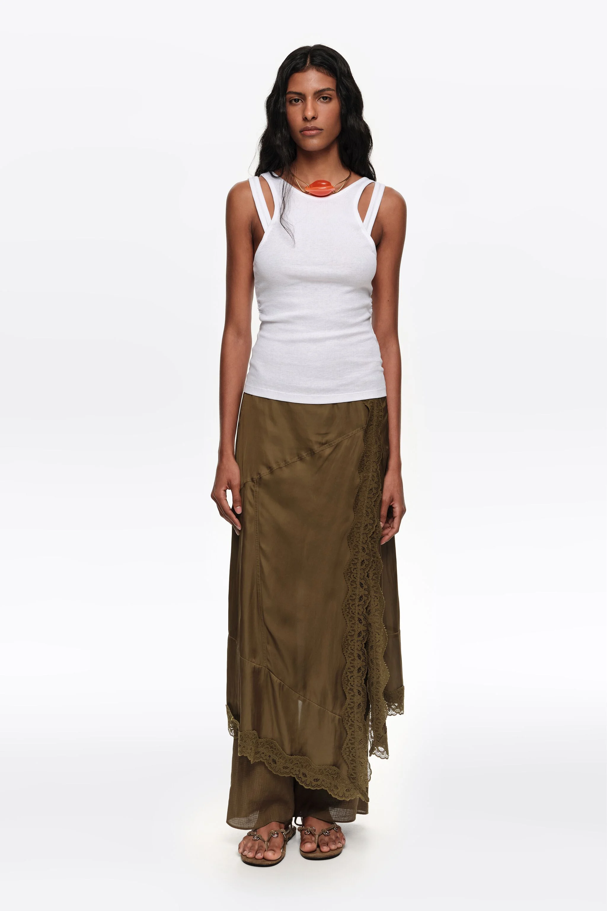 Saia-calça de renda de viscose verde-oliva escuro