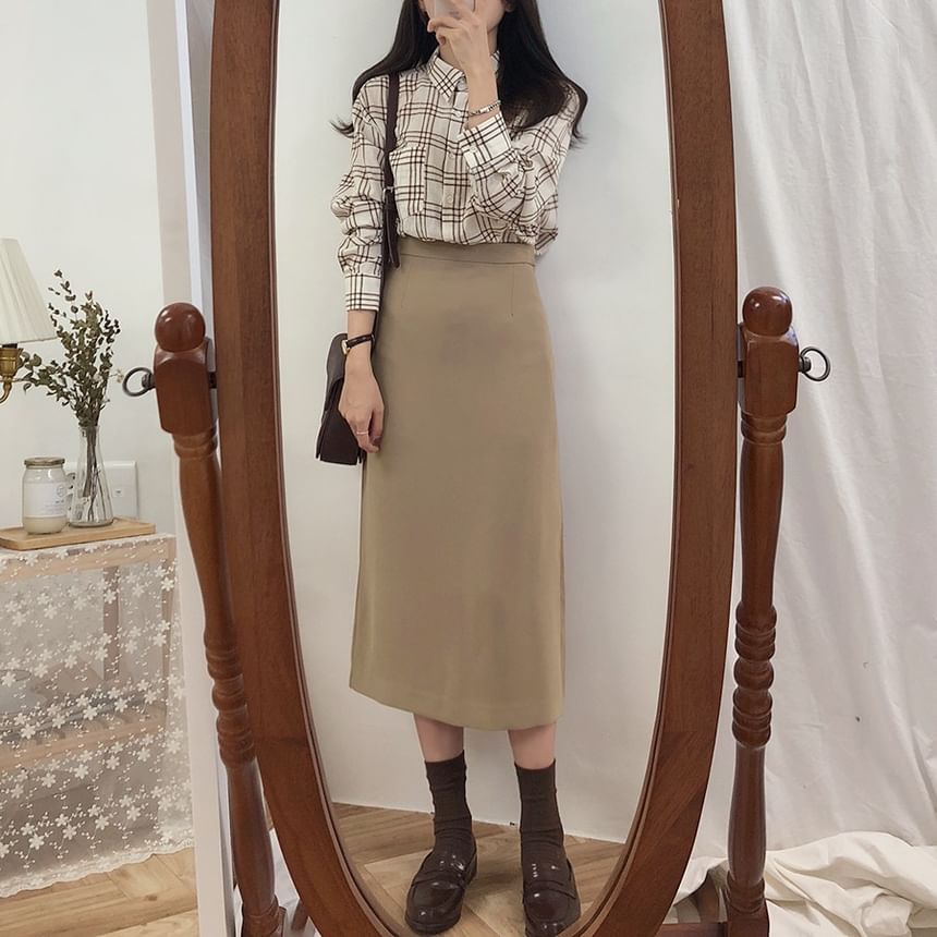 Yunhouse - Effen A-lijn midi-rok met hoge taille en split